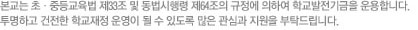 본교는 초·중등교육법 제33조 및 동법시행령 제64조의 규정에 의하여 학교발전기금을 운용합니다. 투명하고 건전한 학교재정 운영이 될 수 있도록 많은 관심과 지원을 부탁드립니다. 